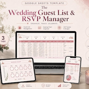 Puede incluir: Una plantilla de Google Sheets para la gestión de listas de invitados y confirmaciones de boda mostrada en un portátil, tableta y teléfono inteligente. La interfaz presenta esquemas de color rosa y blanco, detalles florales y tablas.