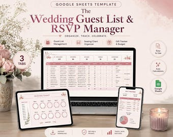 May include: A Google Sheets template for a wedding guest list and RSVP manager displayed on a laptop, tablet, and smartphone. The interface features pink and white color schemes, floral accents, and data tables for tracking guests, seating, and gifts.