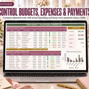 Puede incluir: Una pantalla de port&aacute;til que muestra una hoja de c&aacute;lculo de presupuesto de eventos con columnas para asignaciones, registros de gastos e indicadores clave. La interfaz incluye tablas para nombres de eventos, categor&iacute;as, costes y estados de pago.