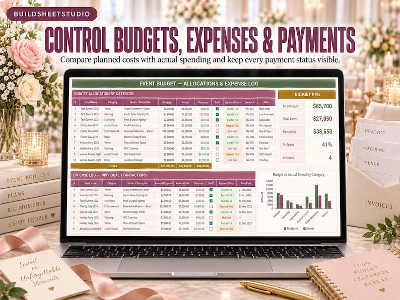 Puede incluir: Una pantalla de port&aacute;til que muestra una hoja de c&aacute;lculo de presupuesto de eventos con columnas para asignaciones, registros de gastos e indicadores clave. La interfaz incluye tablas para nombres de eventos, categor&iacute;as, costes y estados de pago.