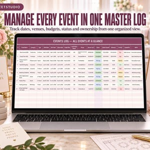 Puede incluir: Una pantalla de port&aacute;til que muestra una hoja de c&aacute;lculo titulada EVENTS LOG -- ALL EVENTS AT A GLANCE. La tabla incluye columnas para el nombre del evento, categor&iacute;a, tipo, fechas, lugar, presupuesto, estado, ingresos y notas para diez eventos.