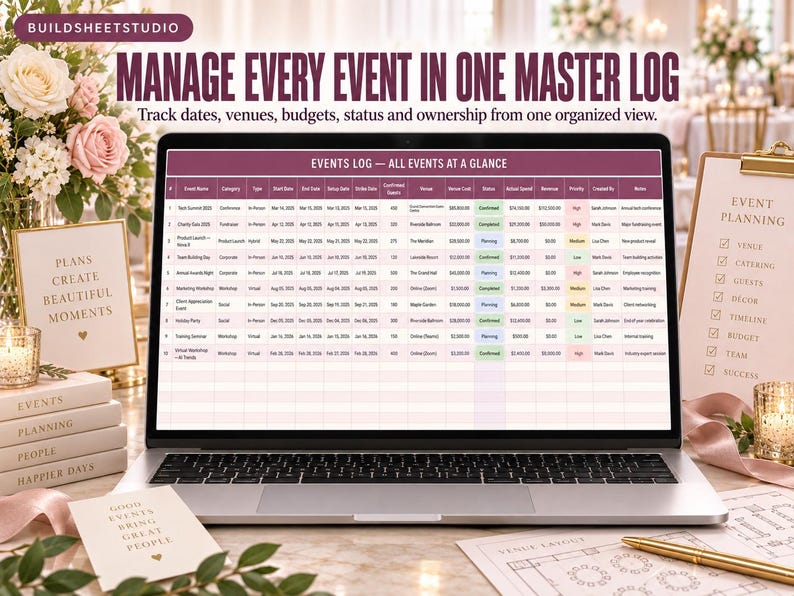 Puede incluir: Una pantalla de port&aacute;til que muestra una hoja de c&aacute;lculo titulada EVENTS LOG -- ALL EVENTS AT A GLANCE. La tabla incluye columnas para el nombre del evento, categor&iacute;a, tipo, fechas, lugar, presupuesto, estado, ingresos y notas para diez eventos.