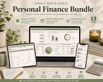 May include: A Google Sheets Personal Finance Bundle featuring a laptop, tablet, and smartphone displaying financial dashboards, charts, and trackers. The interface includes 13 tabs for tracking income, expenses, and savings goals with a green and white color scheme.