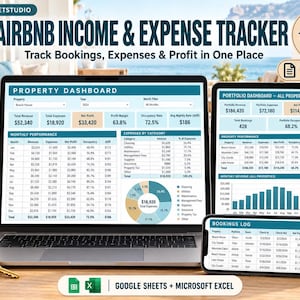 May include: An Airbnb income and expense tracker displayed on a laptop, tablet, and smartphone. The screens show property and portfolio dashboards with financial data, booking logs, and charts. Text includes "Airbnb Income & Expense Tracker" and "6 Core Tracking Tabs".