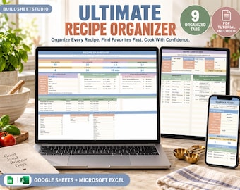 May include: A digital recipe organizer template displayed on a laptop, tablet, and smartphone screen. The interface features a dashboard with tables, charts, and tabs for managing recipes, ingredients, and search filters, compatible with Google Sheets and Excel.