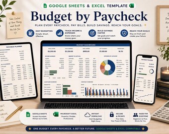 Puede incluir: Una plantilla de presupuesto digital para Google Sheets y Excel titulada Budget by Paycheck. La pantalla muestra un panel con resúmenes de ingresos, categorías de gastos, un gráfico circular y rastreadores de ahorros en laptop, tablet y móvil.