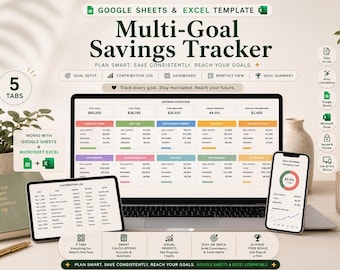 May include: A digital multi-goal savings tracker template for Google Sheets and Microsoft Excel displayed on a laptop, tablet, and smartphone screen. The interface features colorful tables, progress bars, and charts for tracking financial goals.