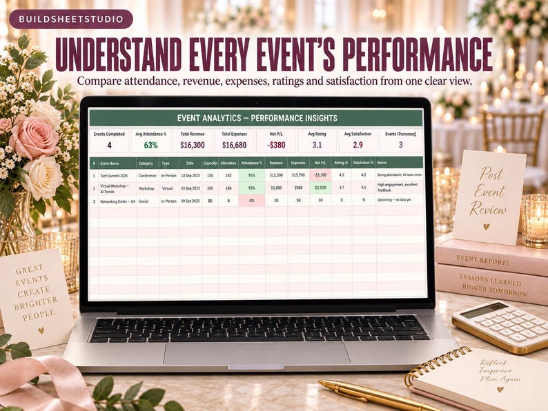 Puede incluir: Una pantalla de port&aacute;til muestra un panel de an&aacute;lisis de eventos titulado Performance Insights con columnas para asistencia, ingresos, gastos y valoraciones. El texto dice Understand Every Event's Performance y Compare attendance, revenue, expenses, ratings and satisfaction from one clear view.