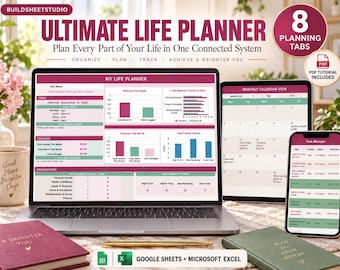 May include: A digital life planner displayed on a laptop, tablet, and smartphone screen, featuring charts, task lists, and financial trackers. The interface uses a maroon and light green color scheme with text including Ultimate Life Planner, My Life Planner, and Task Manager.
