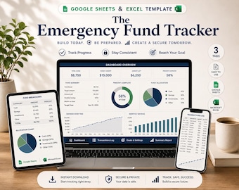May include: A digital emergency fund tracker template for Google Sheets and Microsoft Excel displayed on a laptop, tablet, and smartphone. The screens show financial dashboards with charts, transaction logs, and savings progress data.