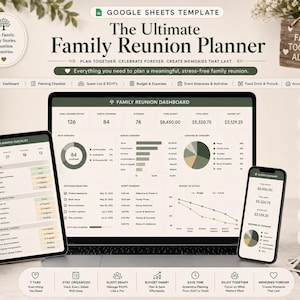 Puede incluir: Una plantilla de Google Sheets para un planificador de reuniones familiares mostrada en una laptop, tableta y teléfono inteligente. La interfaz presenta un tablero con resúmenes de presupuesto, listas de invitados y listas de tareas en verde y blanco.
