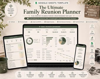 May include: A Google Sheets template for a family reunion planner displayed on a laptop, tablet, and smartphone. The interface features a dashboard with budget summaries, guest lists, event itineraries, and a planning checklist in green and white.