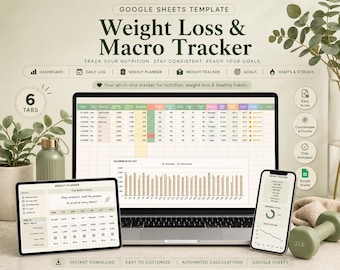 May include: A Google Sheets template for weight loss and macro tracking displayed on a laptop, tablet, and smartphone. The interface features a dashboard, daily log, weekly planner, weight tracker, goals, and habits sections with data tables.