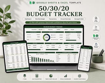 May include: A digital 50/30/20 budget tracker template for Google Sheets and Excel displayed on a laptop, tablet, and smartphone. The interface features dark green and white color schemes with charts, income summaries, and transaction lists.