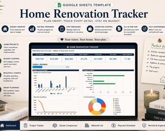 Puede incluir: Una plantilla digital de Google Sheets para un rastreador de renovaciones del hogar en la pantalla de una computadora portátil. La interfaz muestra un panel con resúmenes de presupuesto, gráficos de progreso y pestañas de navegación.