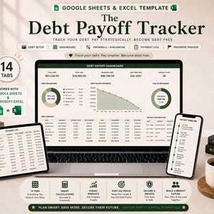May include: A digital debt payoff tracker template for Google Sheets and Microsoft Excel displayed on a laptop, tablet, and smartphone. The interface features a dashboard with charts, a payment log, and a debt timeline, all in a green and white colour scheme.