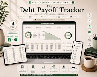May include: A digital debt payoff tracker template for Google Sheets and Microsoft Excel displayed on a laptop, tablet, and smartphone. The interface features a dashboard with charts, a payment log, and a debt timeline, all in a green and white color scheme.