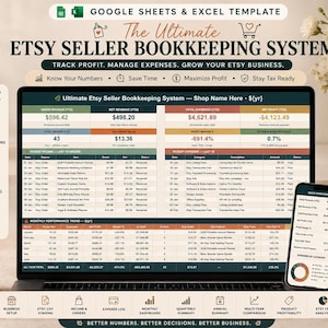 Puede incluir: Un sistema de contabilidad digital para vendedores de Etsy mostrado en la pantalla de un portátil y un smartphone. La interfaz presenta tablas para el seguimiento de ingresos, gastos y beneficios, con el texto The Ultimate Etsy Seller Bookkeeping System.