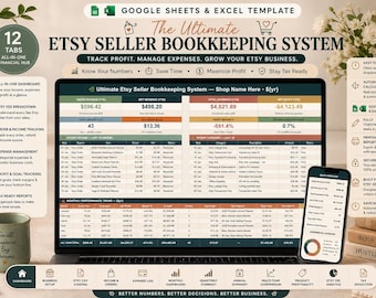 May include: A digital bookkeeping system for Etsy sellers displayed on a laptop screen and smartphone. The interface features tables for revenue, expenses, and profit tracking, with text labels including The Ultimate Etsy Seller Bookkeeping System.