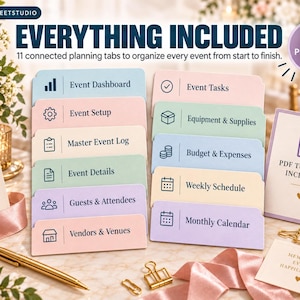 May include: A set of 11 pastel-colored planning tabs for event organization. The tabs feature icons and labels including Event Dashboard, Event Setup, Master Event Log, Event Details, Guests, Vendors, Tasks, Equipment, Budget, Weekly Schedule, and Monthly Calendar.