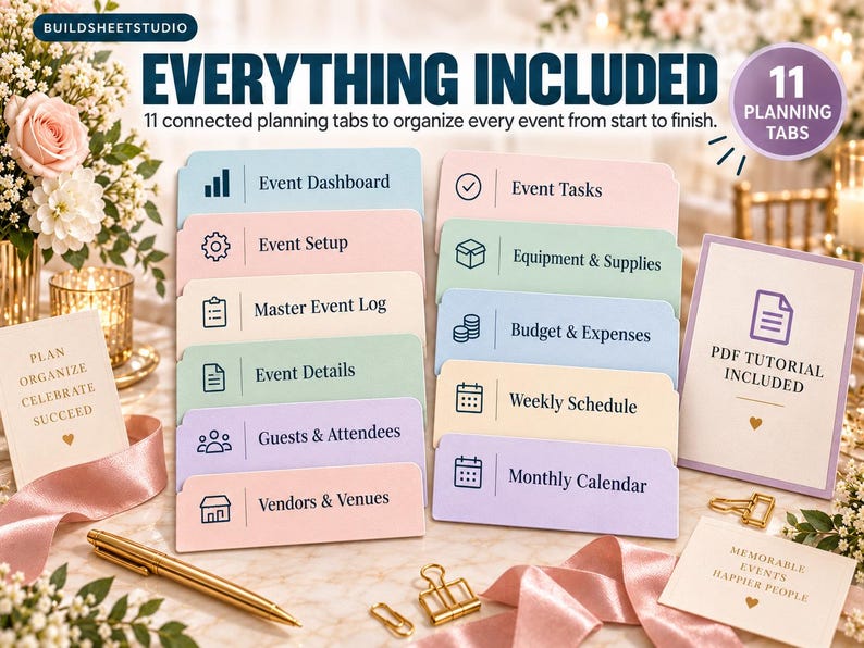 May include: A set of 11 pastel-colored planning tabs for event organization. The tabs feature icons and labels including Event Dashboard, Event Setup, Master Event Log, Event Details, Guests, Vendors, Tasks, Equipment, Budget, Weekly Schedule, and Monthly Calendar.