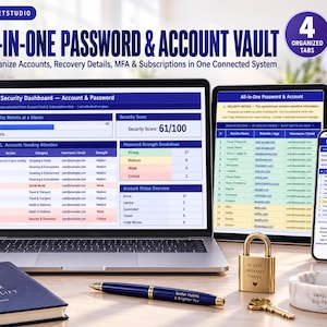 Può includere: Un foglio di calcolo digitale per la gestione di password e account visualizzato su un computer portatile, un tablet e uno smartphone. La dashboard mostra punteggi di sicurezza, elenchi di account e dettagli di abbonamento. Include un lucchetto.
