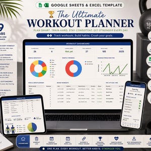 Könnte beinhalten: Eine digitale Trainingsplaner-Vorlage für Google Sheets und Excel, dargestellt auf einem Laptop, Tablet und Smartphone. Der Bildschirm zeigt ein Trainings-Dashboard mit Diagrammen, Fortschrittsverfolgung und Protokollen. Die Benutzeroberfläche enthält Textbeschriftungen wie The Ultimate Workout Planner, 9 Tabs und verschiedene Fitness-Metriken zur Verfolgung von Übungen.