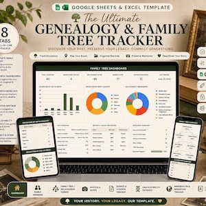 May include: A digital genealogy and family tree tracker template for Google Sheets and Excel. The display shows a laptop and two smartphones featuring a dashboard with charts, graphs, and data tables for tracking ancestors, DNA results, and family history.