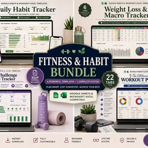May include: A digital fitness and habit bundle featuring four Google Sheets and Microsoft Excel templates. The display shows dashboards for a daily habit tracker, weight loss and macro tracker, 75 soft challenge fitness tracker, and a workout planner.