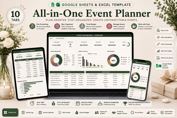 All-in-One Event Planner | Google Sheets & Excel Budget Tracker, Guest List, Vendor Tracker