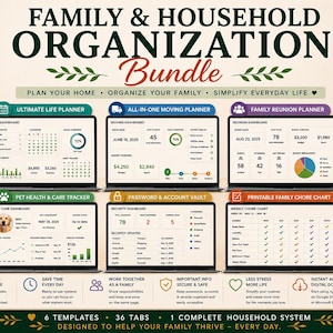 May include: A digital Family & Household Organization Bundle featuring six templates for Google Sheets and Microsoft Excel. The display shows dashboards for life planning, moving, family reunions, pet care, password vaults, and chore charts.