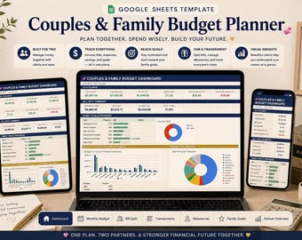 May include: A digital Couples & Family Budget Planner Google Sheets template displayed on a laptop, tablet, and smartphone. The dashboard features financial data, charts, and graphs for tracking income, expenses, savings, and goals for two partners.
