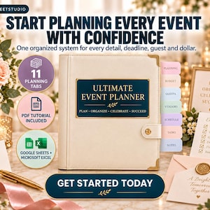 May include: A cream-colored event planner binder with a dark blue plaque reading ULTIMATE EVENT PLANNER, PLAN, ORGANIZE, CELEBRATE, SUCCEED. It features gold corner accents, a snap closure, and eleven colored tabs labeled Planning, Budget, Guests, Vendors, Schedule, Tasks, and Notes.