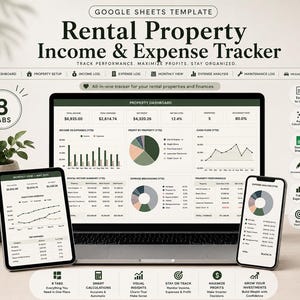 May include: A Google Sheets rental property income and expense tracker template displayed on a laptop, tablet, and smartphone. The interface features dark green and white colour schemes with various financial charts, tables, and property dashboards.