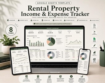 May include: A Google Sheets rental property income and expense tracker template displayed on a laptop, tablet, and smartphone. The interface features dark green and white color schemes with various financial charts, tables, and property dashboards.