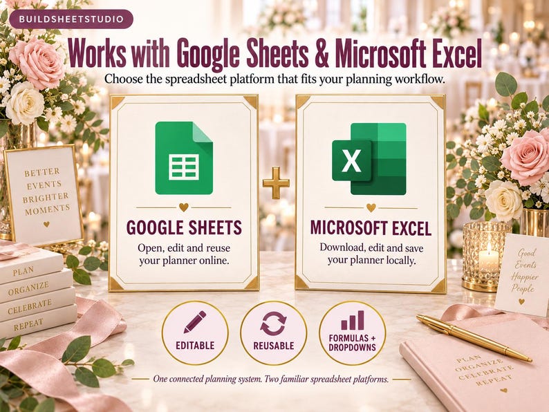Puede incluir: Un gr&aacute;fico de sistema de planificaci&oacute;n digital con el texto Works with Google Sheets & Microsoft Excel. Dos carteles enmarcados muestran los logotipos de Google Sheets y Microsoft Excel con texto descriptivo. Tres iconos circulares indican que el sistema es editable, reutilizable e incluye f&oacute;rmulas y men&uacute;s desplegables.