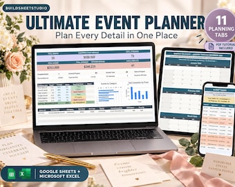 May include: A digital event planner displayed on a laptop, tablet, and smartphone screen. The interface shows data tables, charts, and calendars with text including ULTIMATE EVENT PLANNER, 11 PLANNING TABS, and GOOGLE SHEETS + MICROSOFT EXCEL.