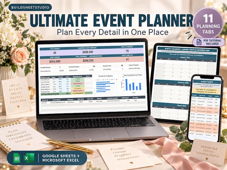 May include: A digital event planner displayed on a laptop, tablet, and smartphone screen. The interface shows data tables, charts, and calendars with text including ULTIMATE EVENT PLANNER, 11 PLANNING TABS, and GOOGLE SHEETS + MICROSOFT EXCEL.
