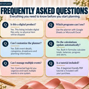 May include: A digital product FAQ infographic titled FREQUENTLY ASKED QUESTIONS with six Q&A sections. The text covers digital file delivery, Google Sheets or Microsoft Excel compatibility, customization, automatic calculations, event management, and a PDF tutorial.