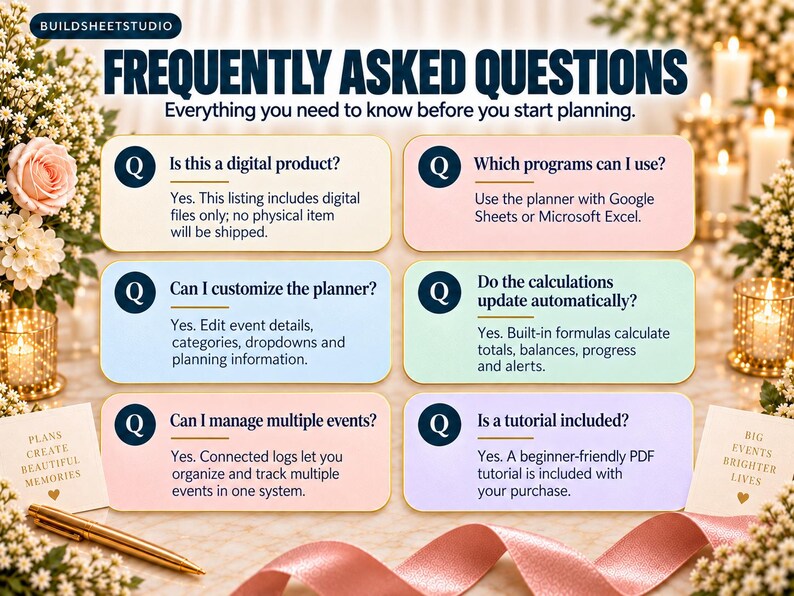 May include: A digital product FAQ infographic titled FREQUENTLY ASKED QUESTIONS with six Q&A sections. The text covers digital file delivery, Google Sheets or Microsoft Excel compatibility, customization, automatic calculations, event management, and a PDF tutorial.