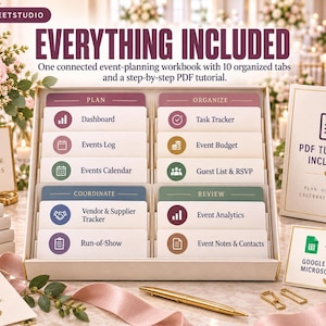Puede incluir: Un libro de trabajo para planificar eventos con 10 pesta&ntilde;as organizadas etiquetadas como Plan, Organize, Coordinate y Review. Las pesta&ntilde;as incluyen Dashboard, Events Log, Events Calendar, Task Tracker, Event Budget, Guest List, Vendor Tracker, Run-of-Show, Analytics y Notes.