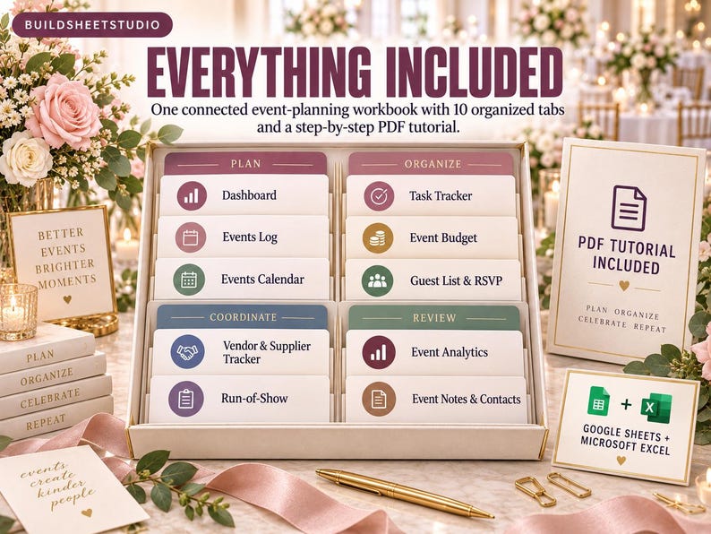 Puede incluir: Un libro de trabajo para planificar eventos con 10 pesta&ntilde;as organizadas etiquetadas como Plan, Organize, Coordinate y Review. Las pesta&ntilde;as incluyen Dashboard, Events Log, Events Calendar, Task Tracker, Event Budget, Guest List, Vendor Tracker, Run-of-Show, Analytics y Notes.