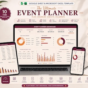 May include: A digital event planner template for Google Sheets and Microsoft Excel displayed on a laptop, tablet, and smartphone. The interface features a dashboard with charts, budget summaries, task trackers, and 10 tabs for event management.