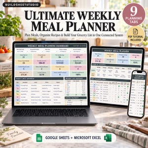 May include: A digital meal planner displayed on a laptop, tablet, and smartphone screen. The interface features a weekly dashboard with colourful data boxes, a meal snapshot table, a grocery list, and pantry status. Text includes Ultimate Weekly Meal Planner, 9 Planning Tabs, and PDF Tutorial Included.