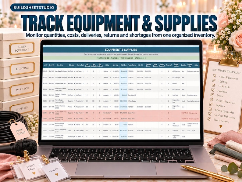 May include: A laptop screen displaying an equipment and supplies inventory spreadsheet with columns for item names, costs, and delivery status. The screen shows text including TRACK EQUIPMENT & SUPPLIES and Monitor quantities, costs, deliveries.