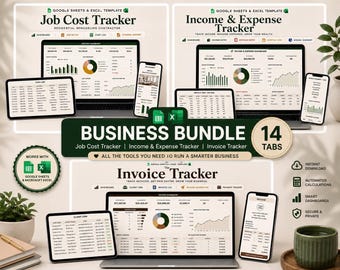 May include: A digital business bundle for Google Sheets and Excel featuring a Job Cost Tracker, Income & Expense Tracker, and Invoice Tracker. The display shows various dashboards, data tables, and charts on laptop and smartphone screens with 14 tabs.