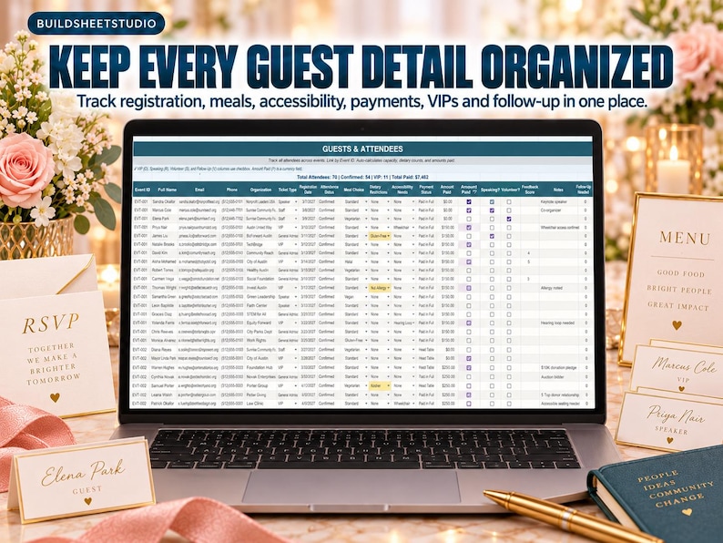 May include: A laptop screen displaying a digital guest list spreadsheet titled GUESTS & ATTENDEES. The text KEEP EVERY GUEST DETAIL ORGANIZED and Track registration, meals, accessibility, payments, VIPs and follow-up in one place appears above.