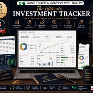 Puede incluir: Una plantilla digital de seguimiento de inversiones para Google Sheets y Microsoft Excel en una computadora portátil, tableta y teléfono inteligente. El panel muestra gráficos, datos financieros y texto como The Ultimate Investment Tracker y Plan Today Prosper Tomorrow.
