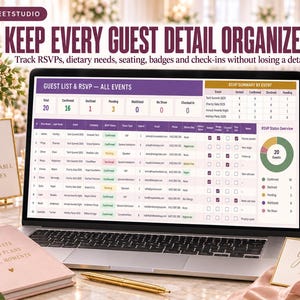 Puede incluir: Una pantalla de ordenador port&aacute;til que muestra una hoja de c&aacute;lculo digital de lista de invitados y seguimiento de RSVP con columnas para nombres, eventos y estado. La interfaz incluye un panel de resumen con un gr&aacute;fico circular y casillas de verificaci&oacute;n.