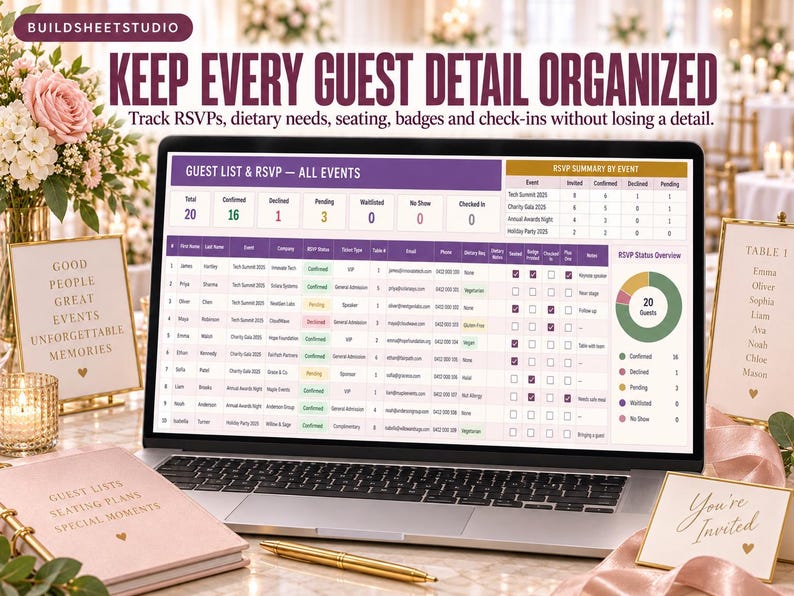 Puede incluir: Una pantalla de ordenador port&aacute;til que muestra una hoja de c&aacute;lculo digital de lista de invitados y seguimiento de RSVP con columnas para nombres, eventos y estado. La interfaz incluye un panel de resumen con un gr&aacute;fico circular y casillas de verificaci&oacute;n.